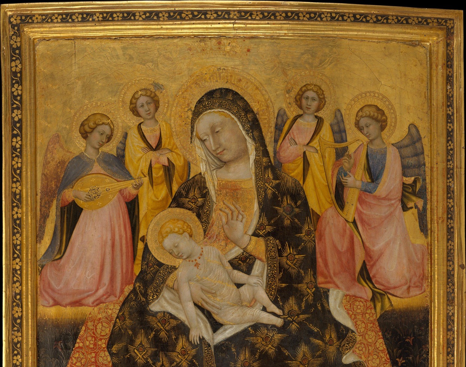 Flat, luminous gold replacing sky , typical of early 15th-century devotional panels, collapsing earthly and heavenly space into one sacred plane