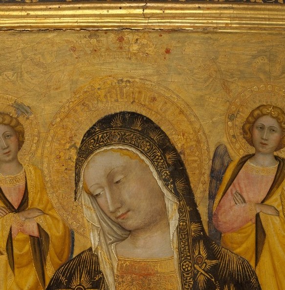 Serene, frontal gaze directed slightly downward , the emotional anchor of the entire composition, inviting devotional eye contact