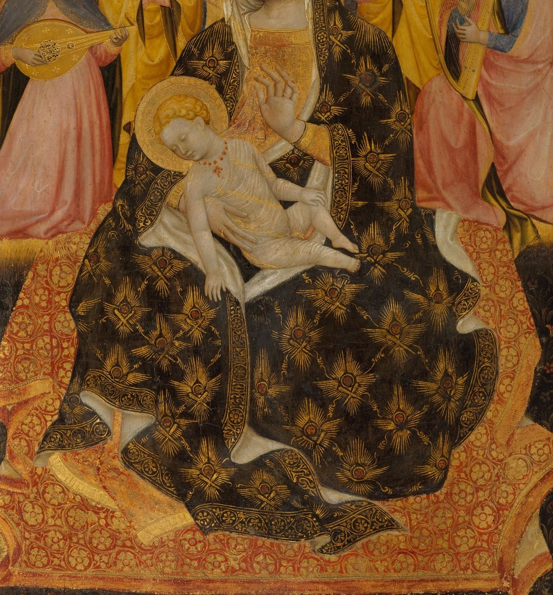 Densely woven gold fleur-de-lis on deep blue-black , a virtuoso tempera textile pattern that signals royal and celestial status simultaneously