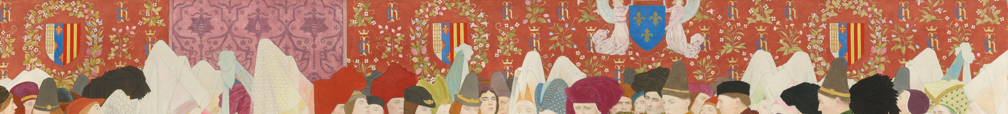The rich tapestry, featuring coats of arms and floral motifs, establishes the regal setting and historical context.
