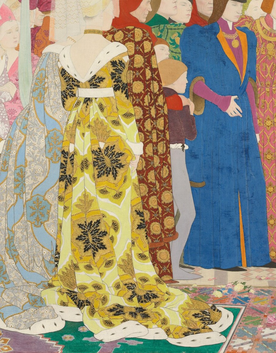 Notice her simple dress against the rich courtly fashion.