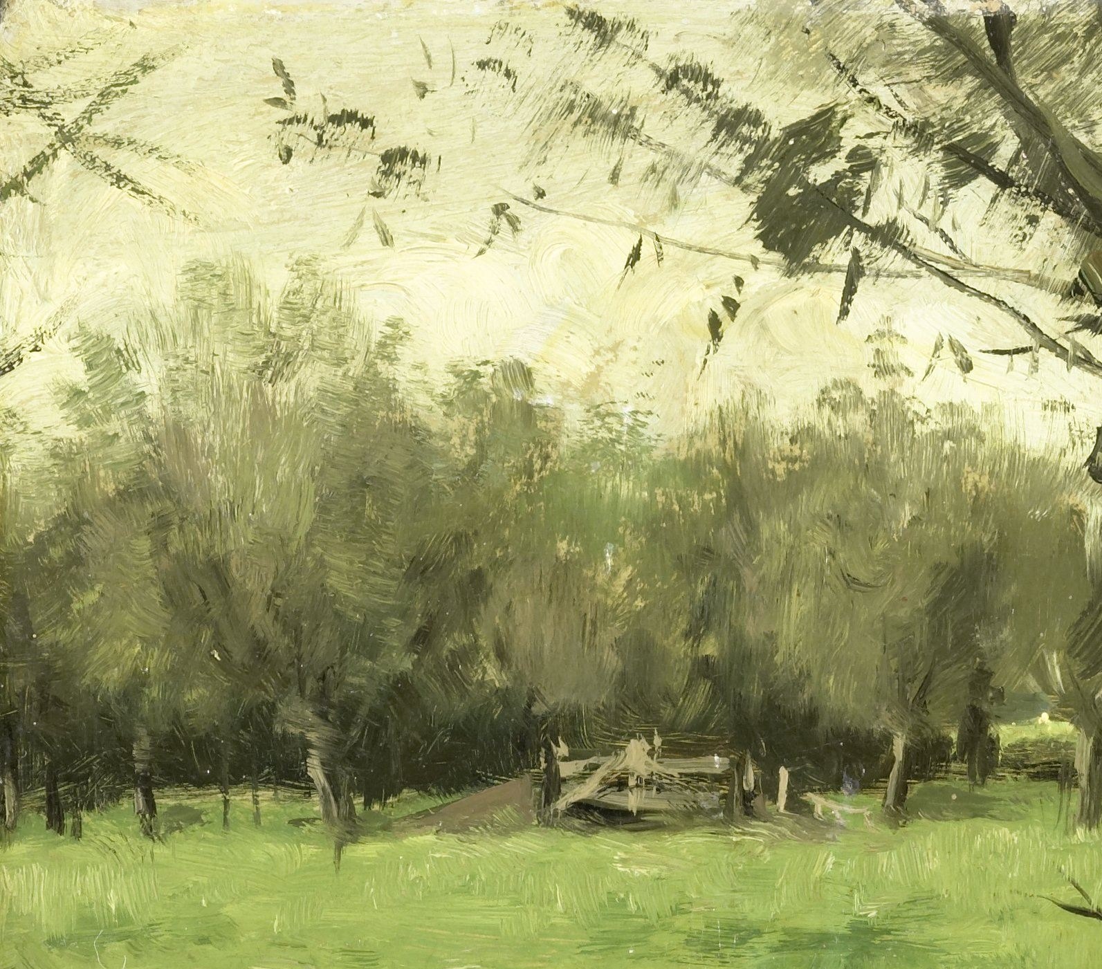 Loose, atmospheric brushwork dissolves leaves into a green haze , classic Hague School technique where texture beats literal detail, showing how Poggenbeek absorbed Barbizon influence.