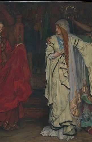 The compositional anchor , his upward gesture and white-green robes draw the eye amid darkness, embodying the fatal pronouncement dividing his kingdom