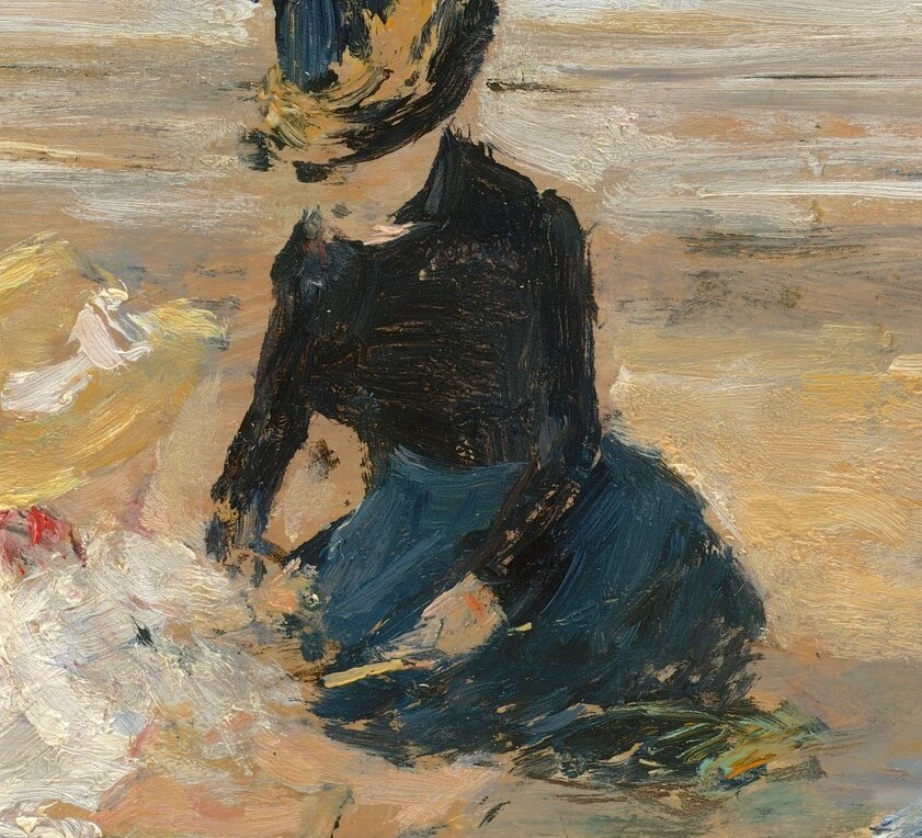 This woman in blue looks out, perhaps at the distant ships.
