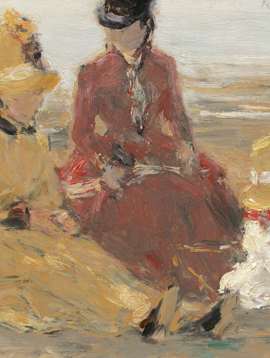 Her posture and the rich color of her dress suggest a figure of some social standing, enjoying a leisurely day.