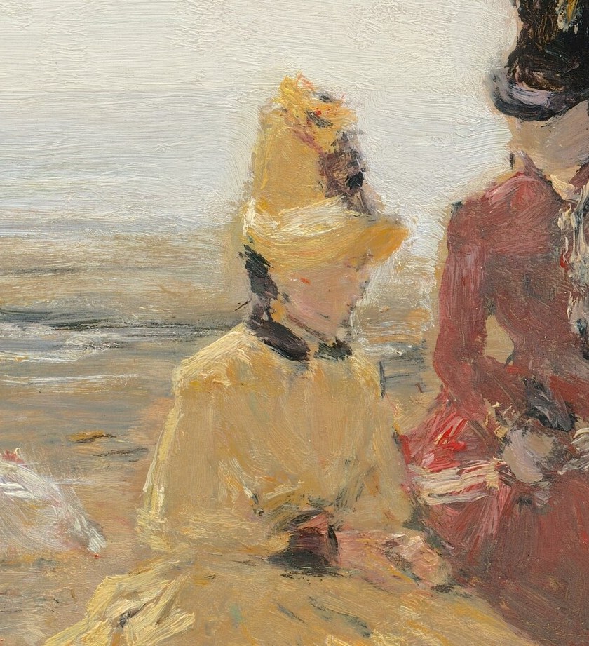 Her parasol provides shade on a leisurely afternoon.