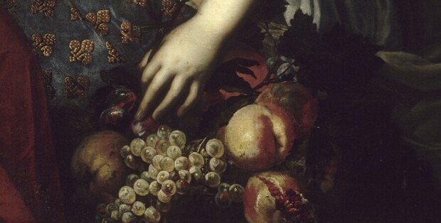 The abundance of fruit symbolizes fertility, prosperity, and the bounty of the kingdom.