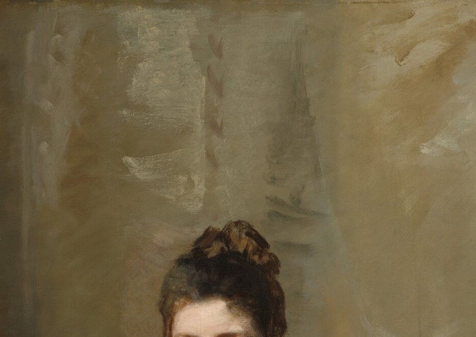 The dark hair is the strongest value contrast in the upper half, framing her face and giving structural weight to the top of the canvas , a deliberate compositional anchor.