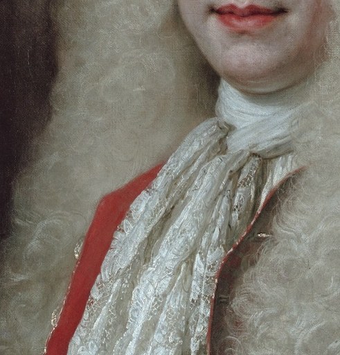 His intricate lace cravat shows off his status and wealth.