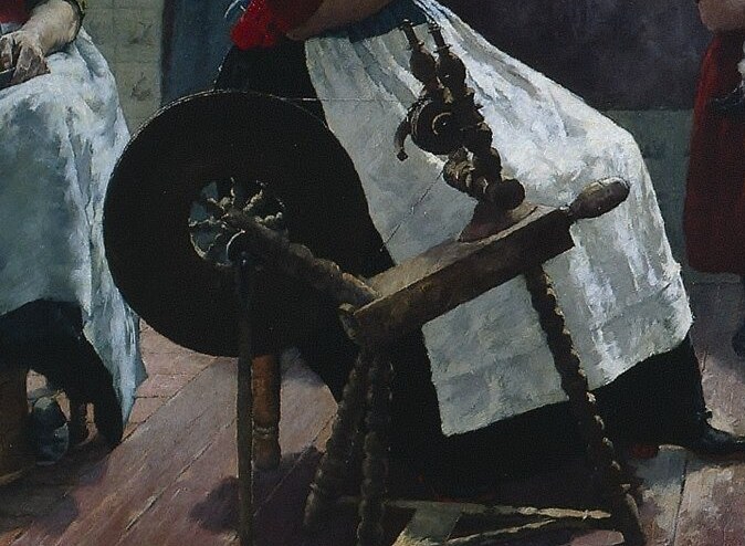 The intricate details of the wooden spinning wheel and the wisps of thread highlight the domestic activity and the era.