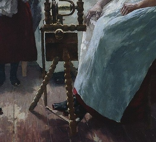 This spinning wheel, with the woman's blue skirt draped over it, adds a textural contrast and reinforces the theme of domestic labor.
