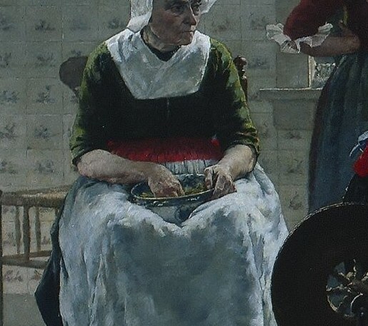 Her seated posture and the bowl in her lap suggest a moment of pause or perhaps a task being interrupted by the story.