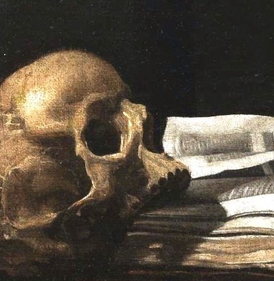 A skull on the table reminds him of mortality.