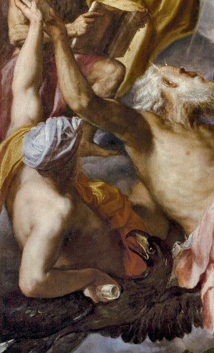 The painting's most historically charged element: the most powerful man in Europe depicted in his own burial garment, a living emperor rehearsing his death before God
