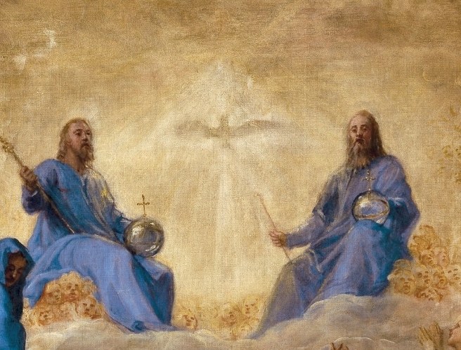 Compositional and theological summit: three divine persons fused in radiating gold that acts as the painting's only light source, pulling every other figure into orbit around them