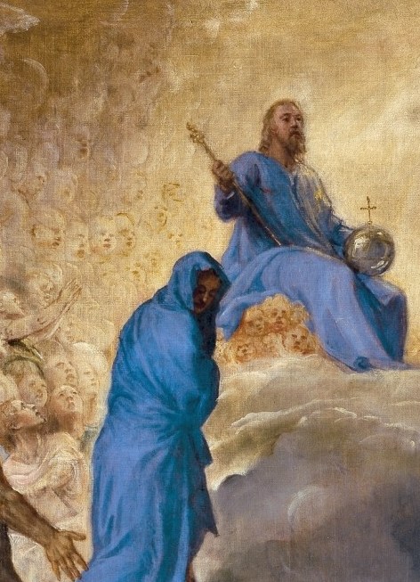 Positioned as the primary intercessor on the left wing of the heavenly court; her blue robes anchor the cool register against the warm divine glow at center