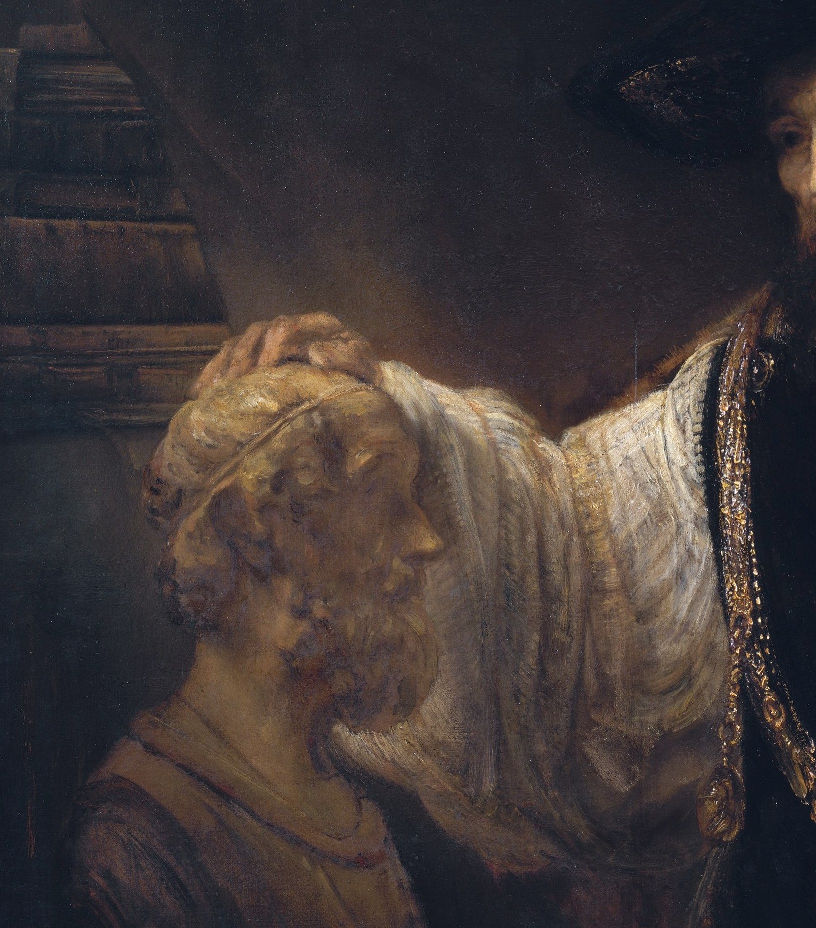 The bust's blind eyes contrast with Aristotle's sighted gaze , Homer, the blind poet, 'sees' more truly than the worldly philosopher, inverting the expected hierarchy of reason over inspiration.