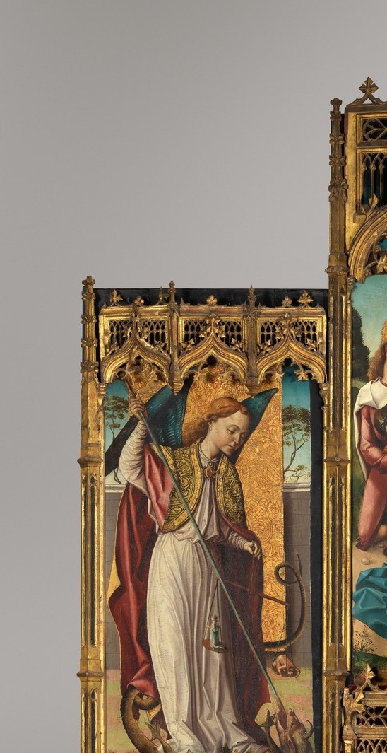Scale and frontal stance suggest a high-status angelic figure , possibly Gabriel; the white robes and extended posture invite a slow vertical pan.