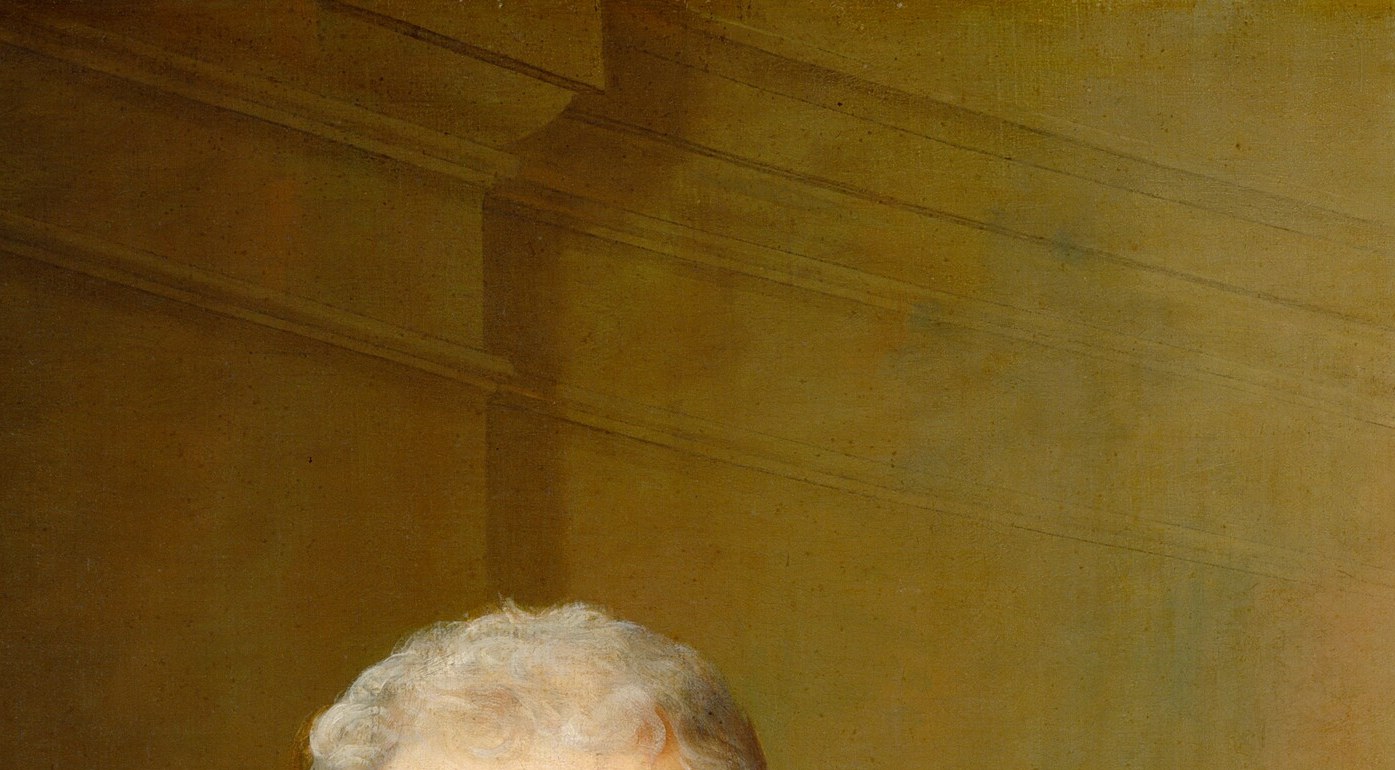 The bright silvery hair crowns the composition and dates the sitter , by 1820 powder was out of fashion, suggesting this is natural white hair, a marker of distinguished age.