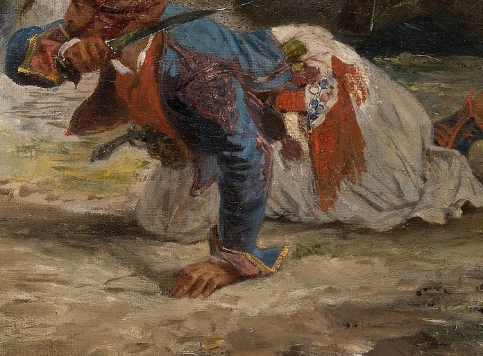 There, a fallen man seems to watch the action.