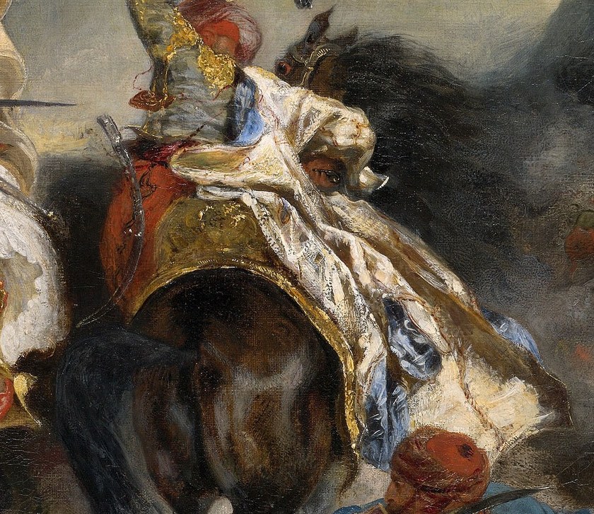 His dynamic pose and the flowing robes suggest a desperate, perhaps losing, struggle.