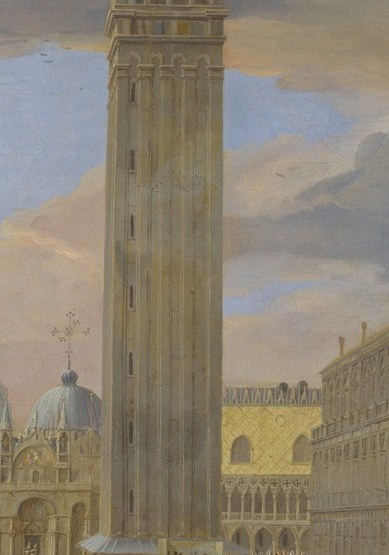 Its imposing height and weathered stone texture convey a sense of permanence and observation over the bustling piazza.