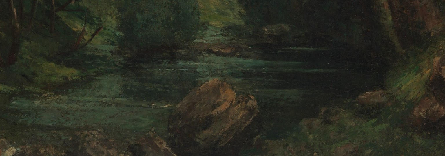 The primary subject and sole source of horizontal movement in the composition; its pale surface cuts through the dark mass of the forest and anchors the whole scene.