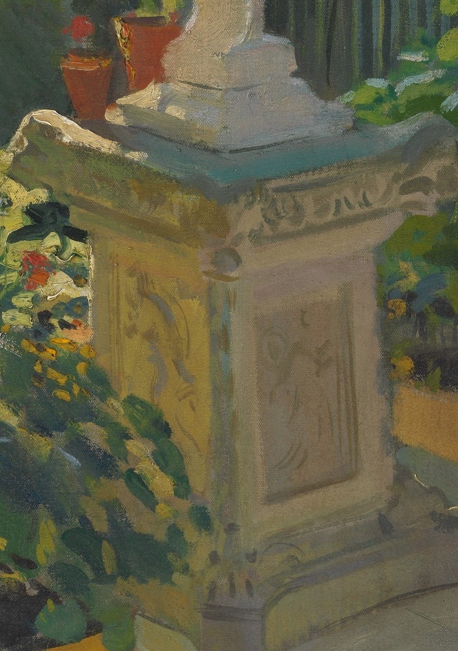 The architectural plinth anchors the composition vertically and its chiseled stone texture contrasts with both the soft plant life and the luminous statue above