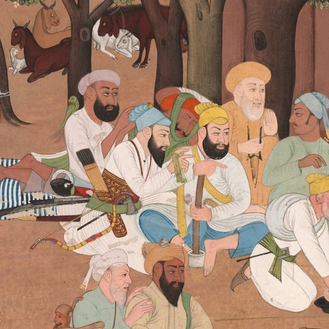 The dominant figure anchoring the composition , a bearded elder at rest whose stillness commands the bustling farmyard; his relaxed posture signals authority, not subordination