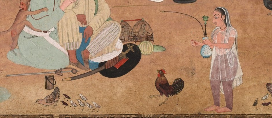 Free-range poultry confirms the farm setting and the warriors' ease , animals moving untroubled underfoot signal the absence of threat and the normalcy of this interlude