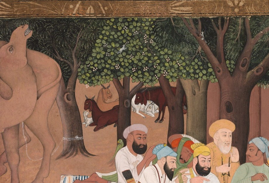 In Mughal painting a great tree signifies hospitality and natural bounty; it is the compositional spine of the work, linking sky to ground and framing every figure beneath it