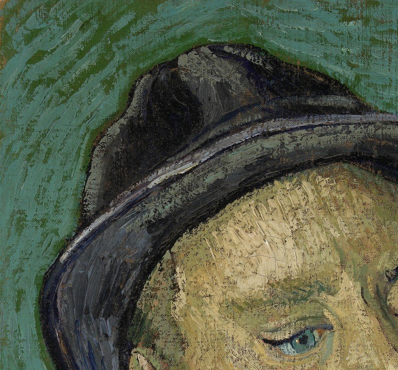 The hat casts a shadow, obscuring part of the face and adding to the mystery of the sitter.