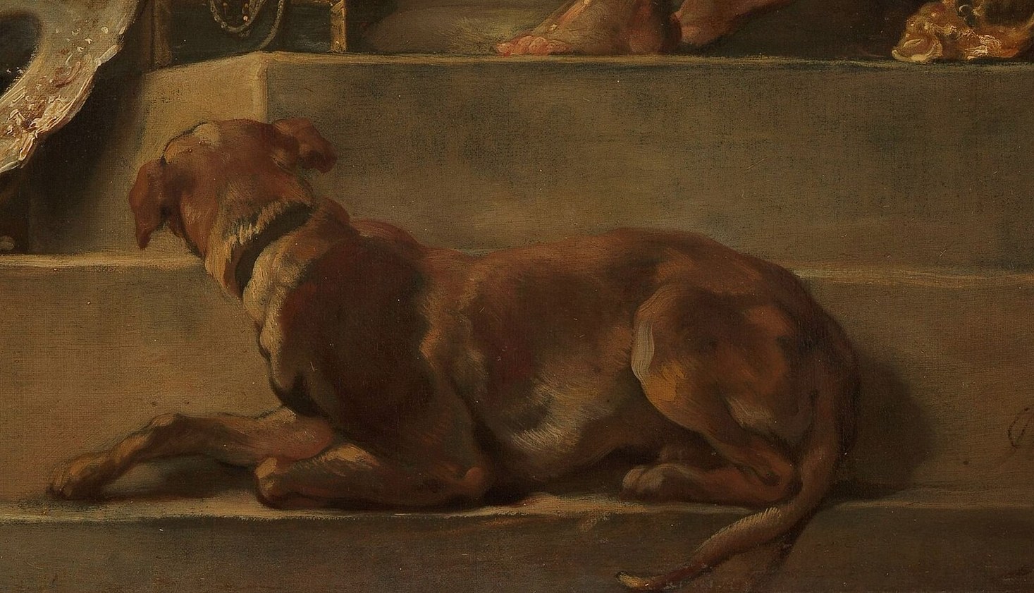 The dog's presence adds a touch of domesticity and loyalty to the scene, grounding the grand narrative.