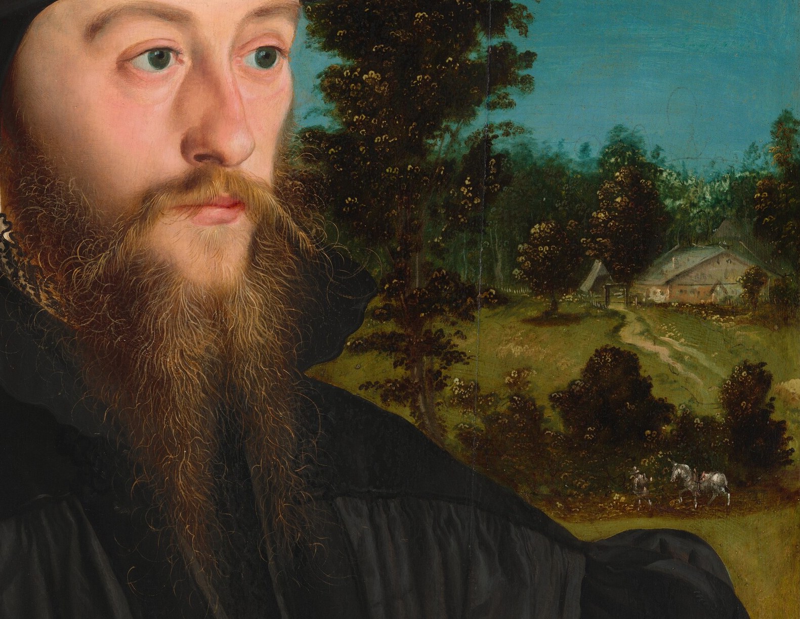 Behind him, a landscape hints at his estate.