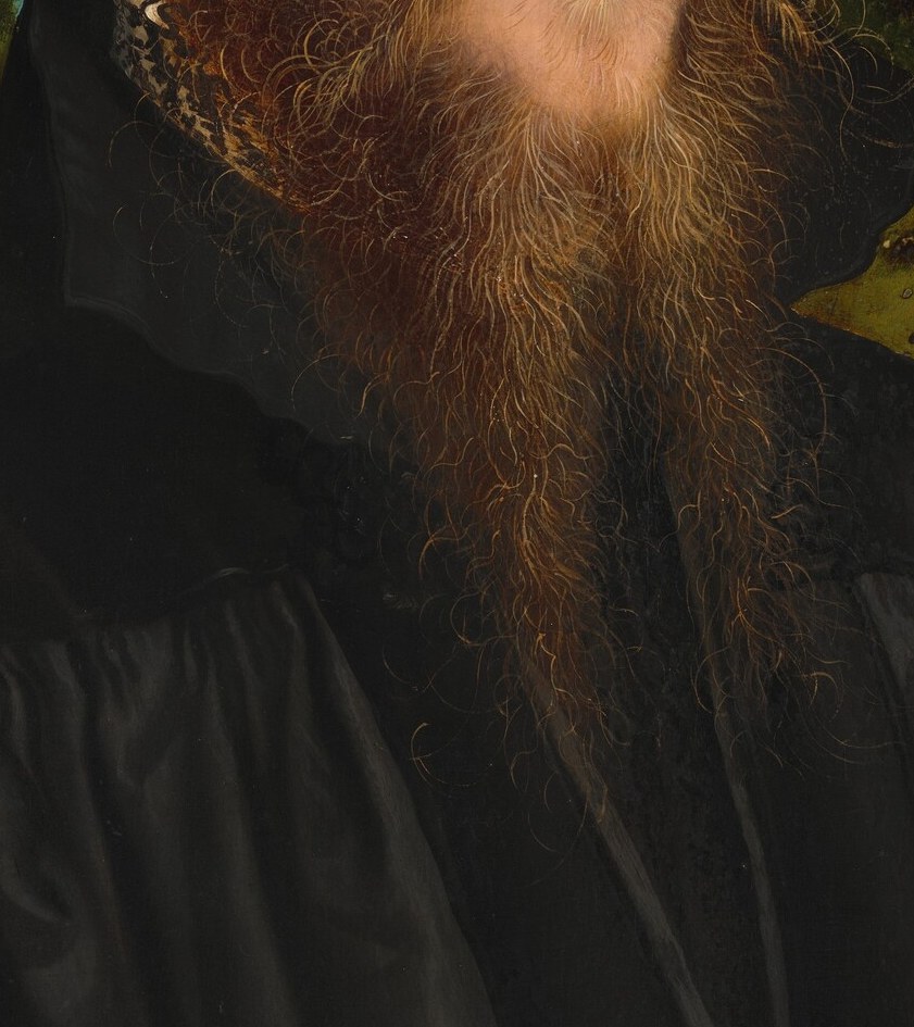 The meticulously rendered beard adds to his gravitas and suggests a mature, possibly distinguished, individual.