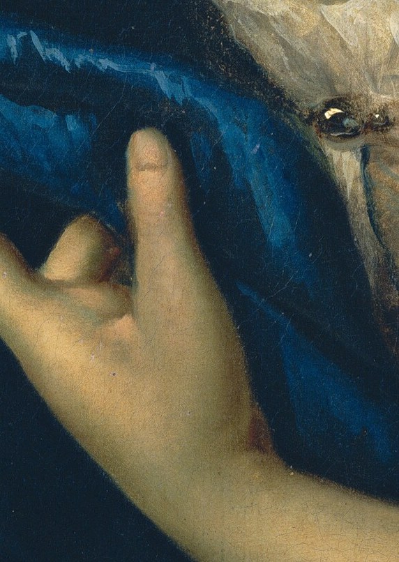 The delicate rendering of her hand and fingers suggests refinement and gentle control over the fabric.
