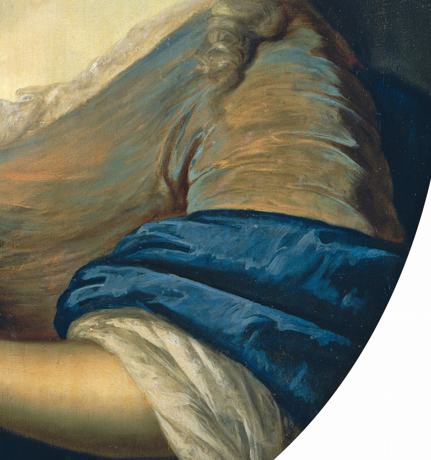 Every fold of the blue shawl looks like real silk.