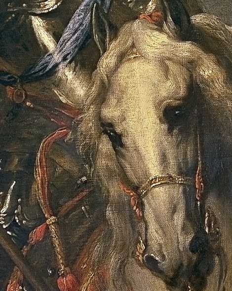 The horse's alert expression and powerful build suggest a spirited and noble mount.
