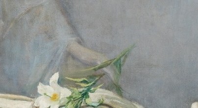 An angel watches over, offering irises, a symbol of mourning.