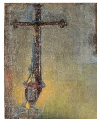 The cross on the wall reinforces the devotional scene.