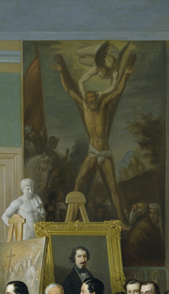 The only pale vertical in a field of 44 dark-suited men , its presence consecrates the studio as a space of high art and functions as a silent presiding muse over the literary reading
