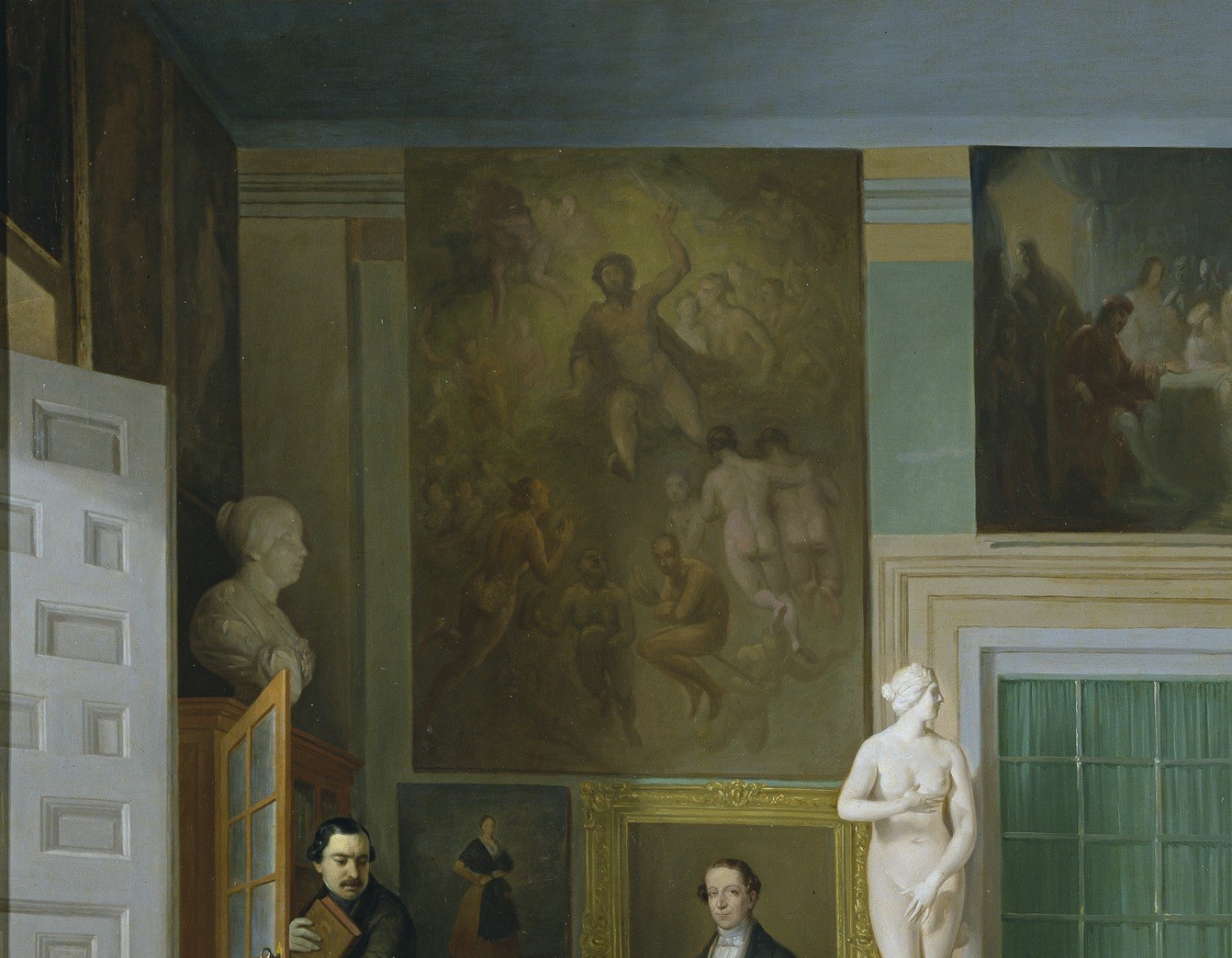 Esquivel's own finished works serve as backdrop, transforming the studio into a gallery and making the entire scene a display of the painter's professional identity alongside the poets'