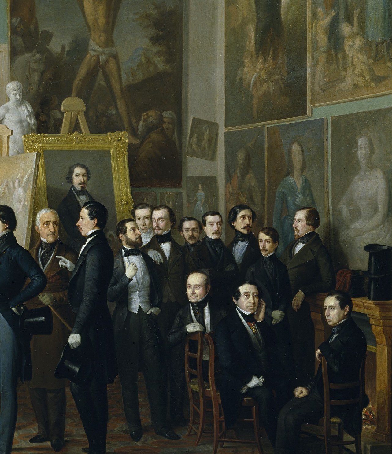 Senior figures including Quintana and Mesonero Romanos; their varied postures , some rapt, some in quiet side-conversation , suggest a living salon rather than a stiff academic assembly