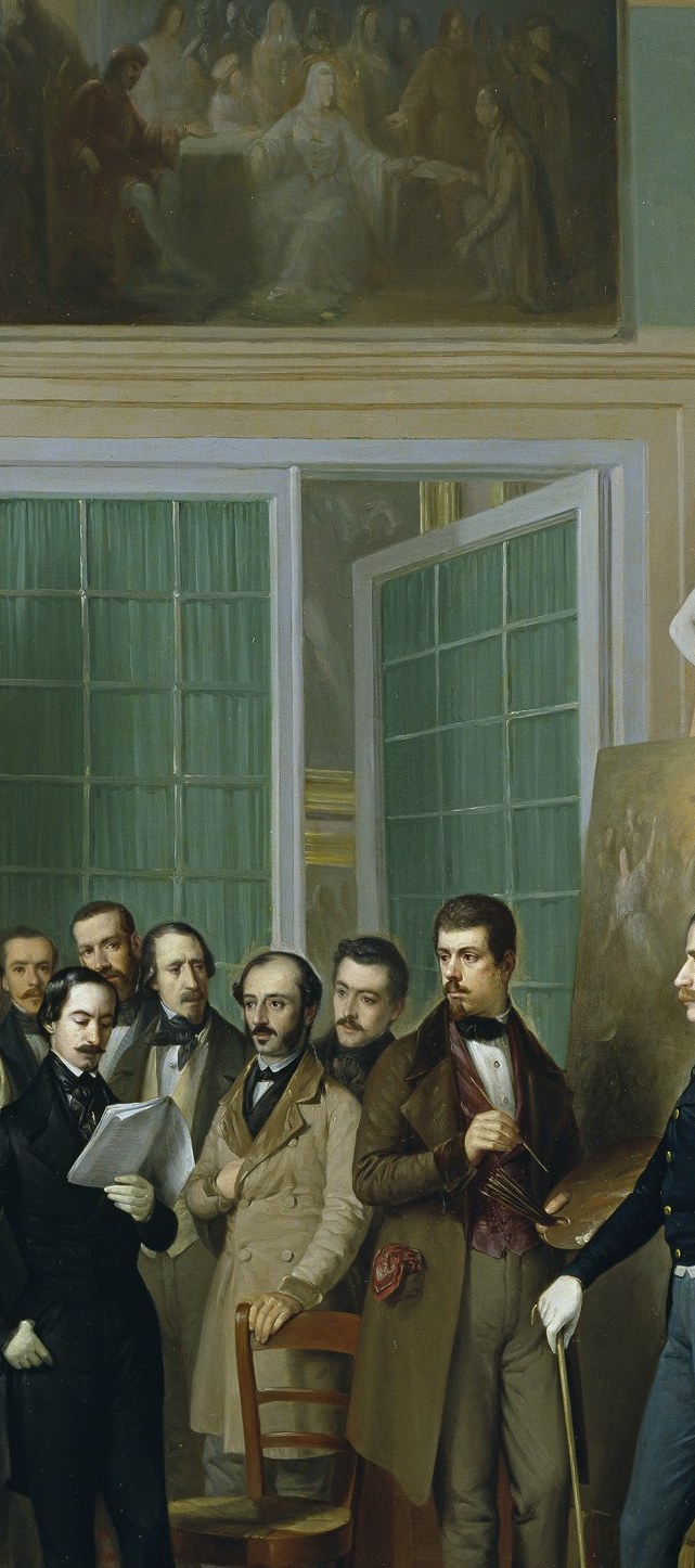 The hinge of the entire composition , every other figure orbits his voice; the upward tilt of the papers distinguishes performance from private reading and makes this a theatrical rather than scholarly moment