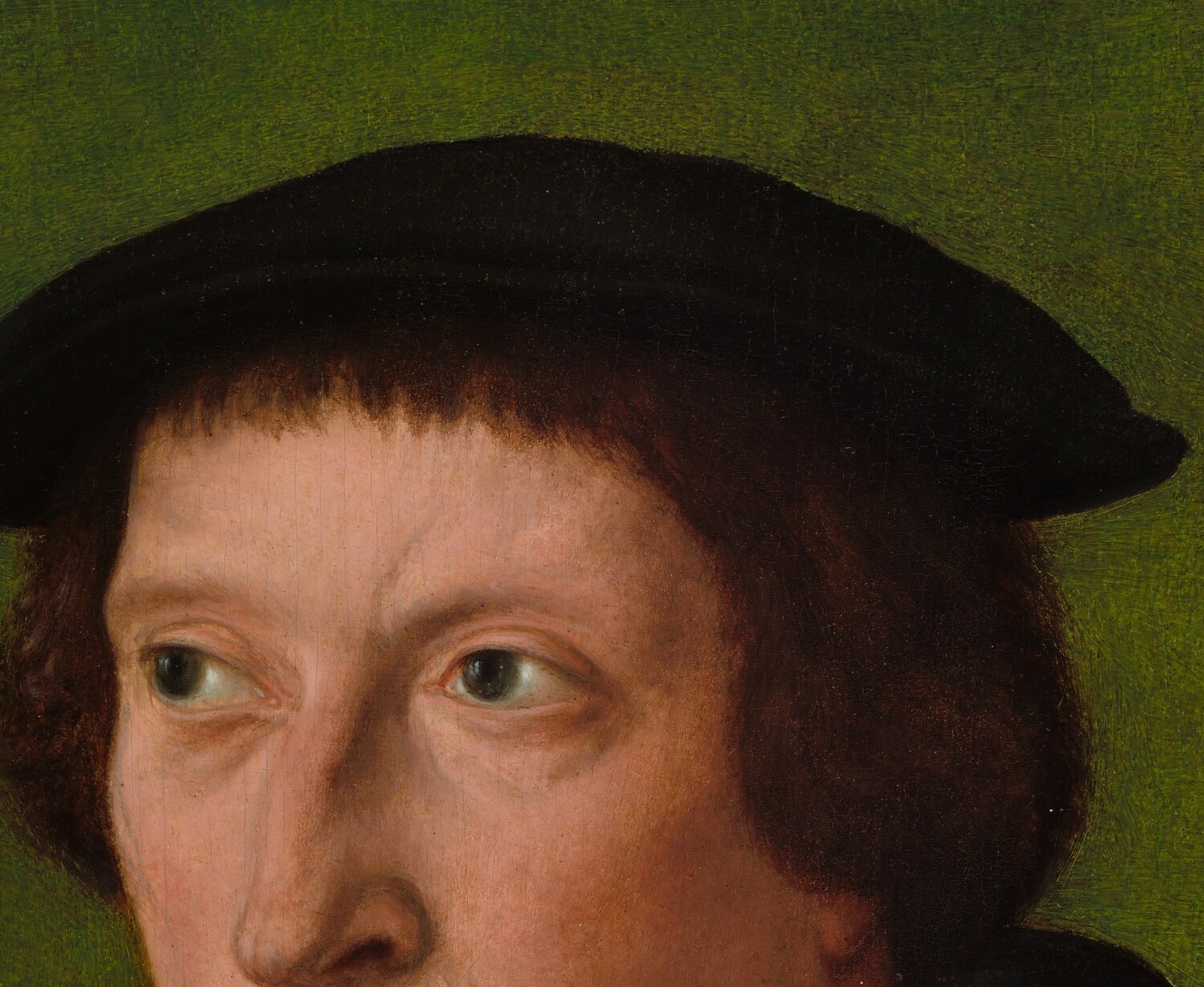 Characteristic 1840s bourgeois male coiffure , swept back at the temples, loose at the crown , precisely dates the portrait and shows Millet's facility with flowing form in a pre-realist mode.