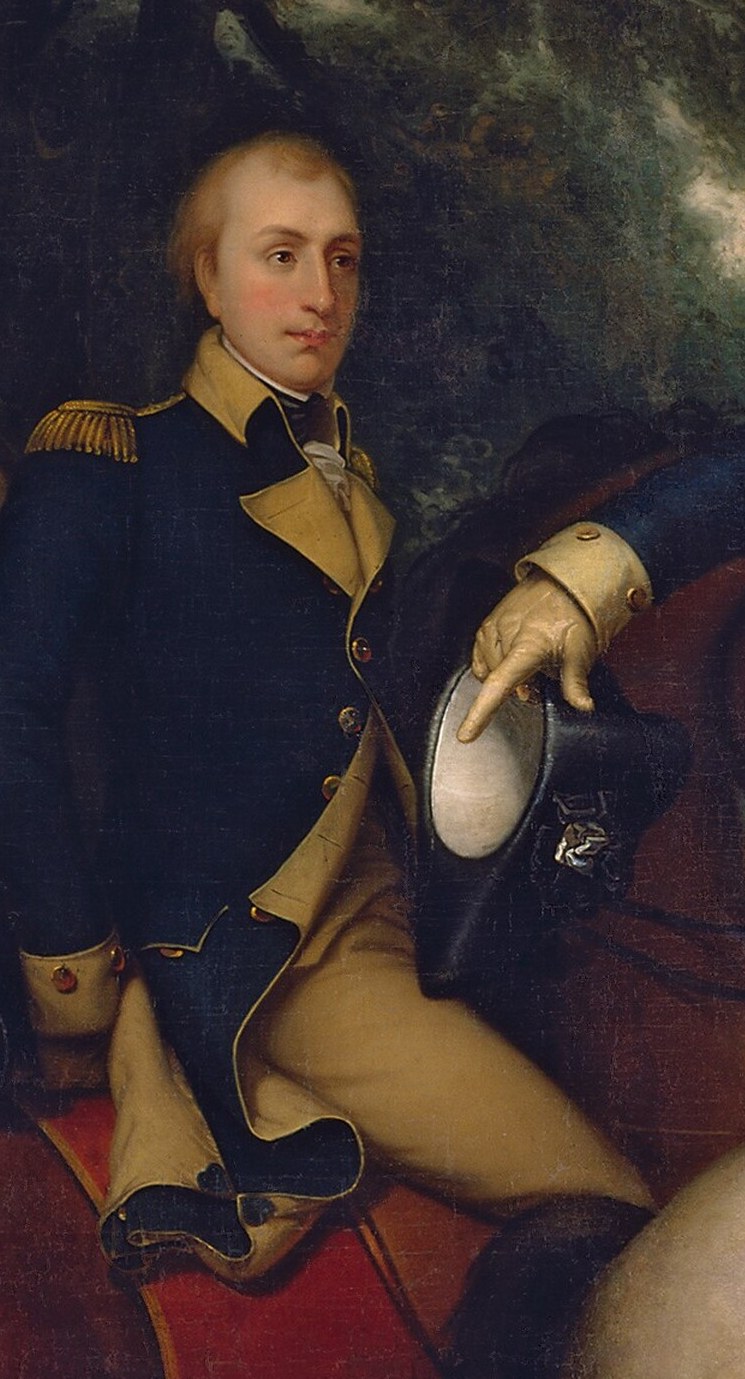 His attentive posture and uniform suggest a subordinate, highlighting Washington's command.