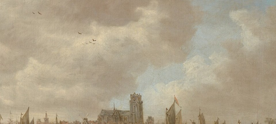 The reason for the painting's existence , the layered spires of Dordrecht dissolve into atmospheric haze, exemplifying Dutch tonal landscape and inviting the viewer to read the city's identity through its towers.