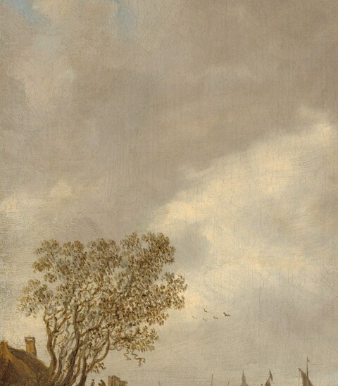 A repoussoir device darkened against the bright sky that frames depth; the trees are loosely brushed, a signature van Goyen shorthand that speeds compositional flow.
