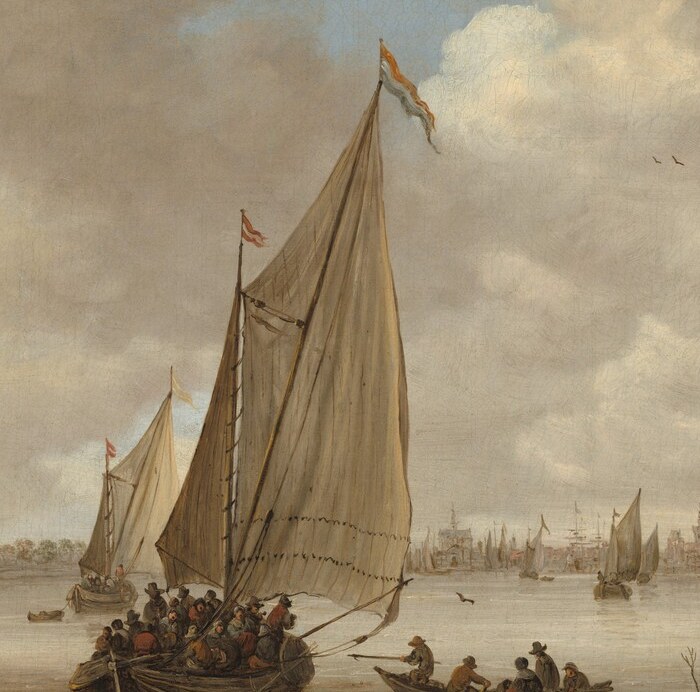 The dominant vertical accent of the composition , the full sail catches warm light and anchors the eye against the flat horizon, demonstrating van Goyen's mastery of tonal recession.