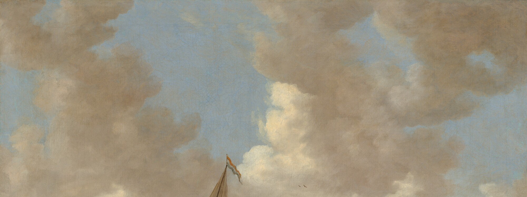 Van Goyen devotes roughly half the canvas to sky , the cloud architecture is the real subject; warm light breaks through on the right, creating the luminous atmosphere Dutch collectors prized.